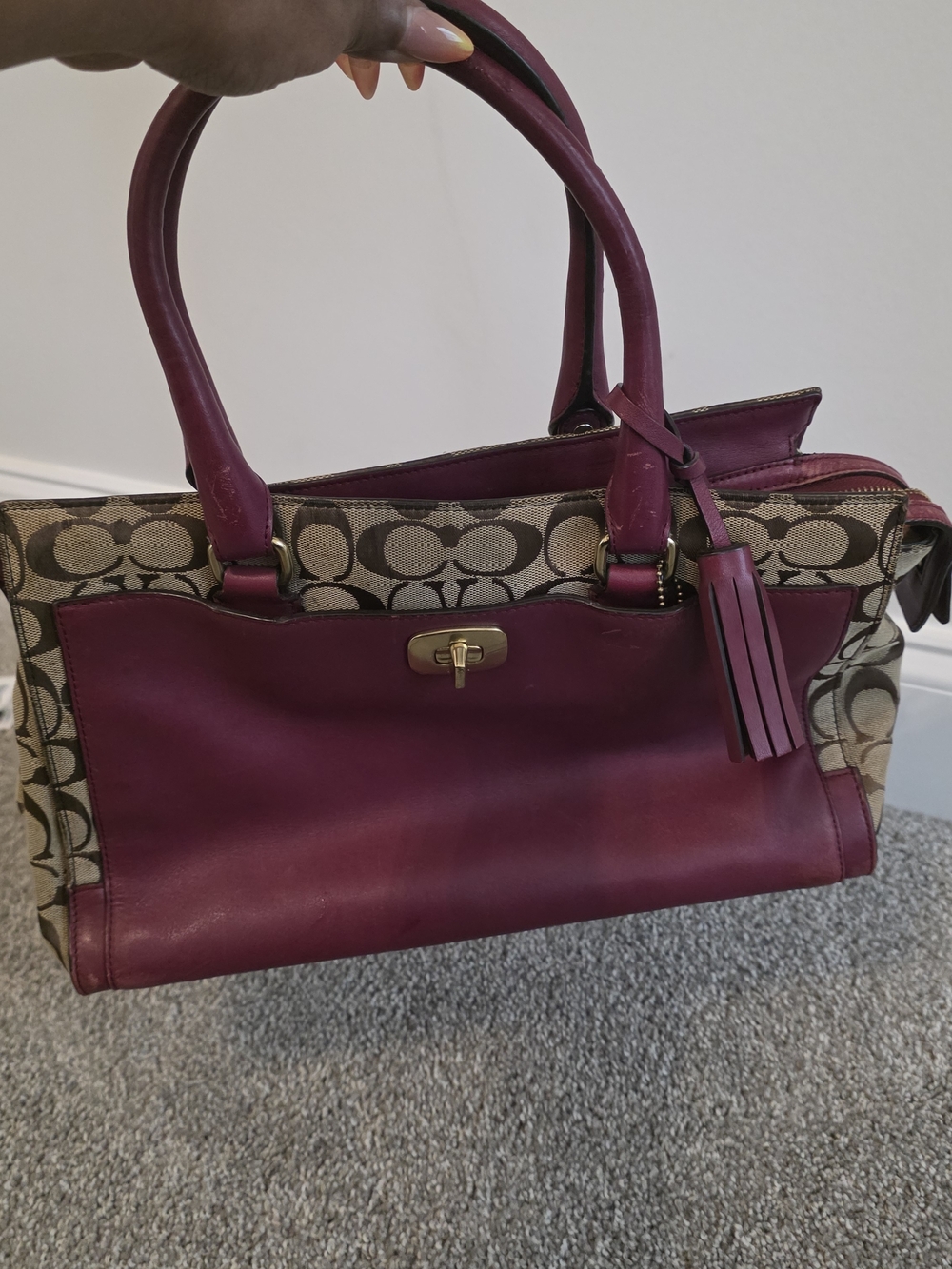 Coach Legacy Chelsea Signature Canvas Tote with Burgundy Leather Trim